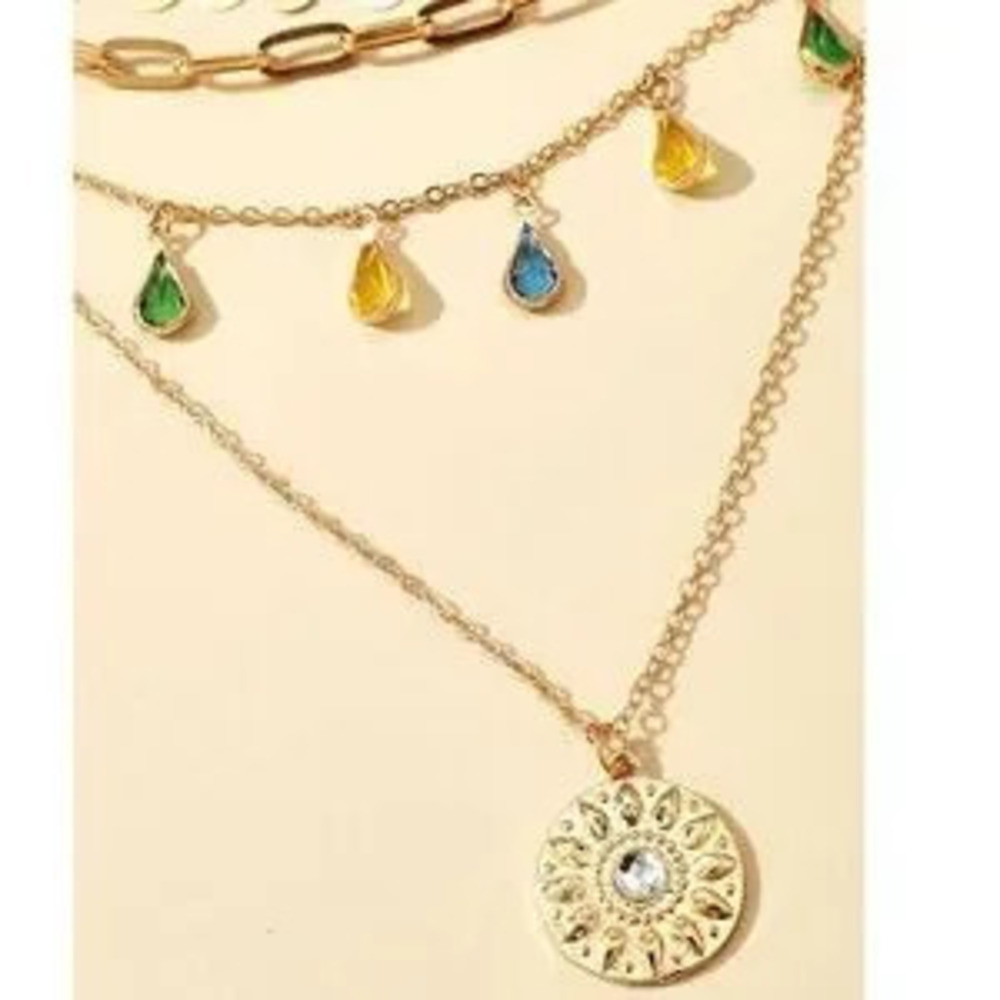 Boho Gold Tone Colored Rhinestone Multilayer Necklace - Picture 3 of 3